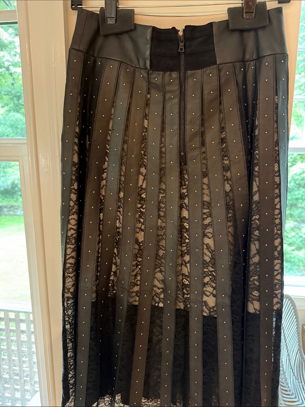 Alice + Olivia Black Pleated leather and Lace Midi Skirt with Stud Accents - Picture 2 of 15
